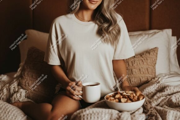 Download Woman Wearing Cream T Shirt Holding Coff - Holding Collection
