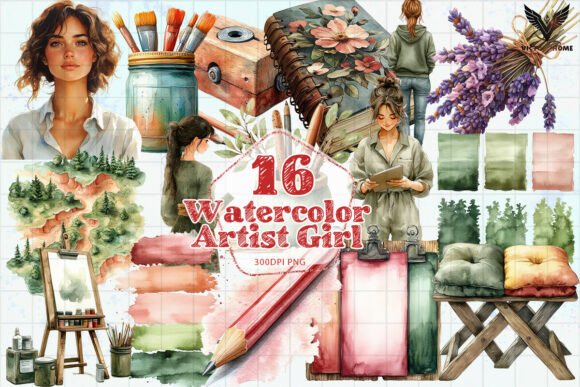 Download Watercolor Artist Girl PNG - Color Collection