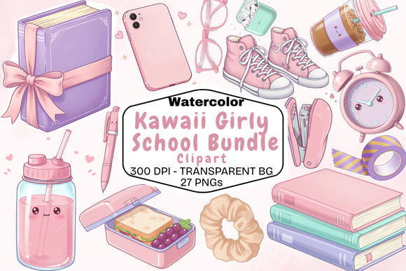 Download Watercolor Kawaii Girly School Clipart - Color Collection