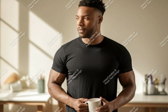 Download Black T-shirt Mockup Man Holding Mug Ima - Holding Collection