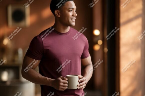 Download Man Wearing Maroon T Shirt Holding Mug I - Premium Resources