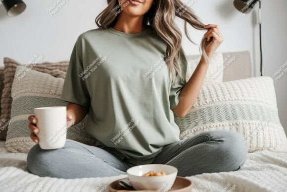 Download Woman Wearing Green T Shirt Holding Mug - Holding Collection